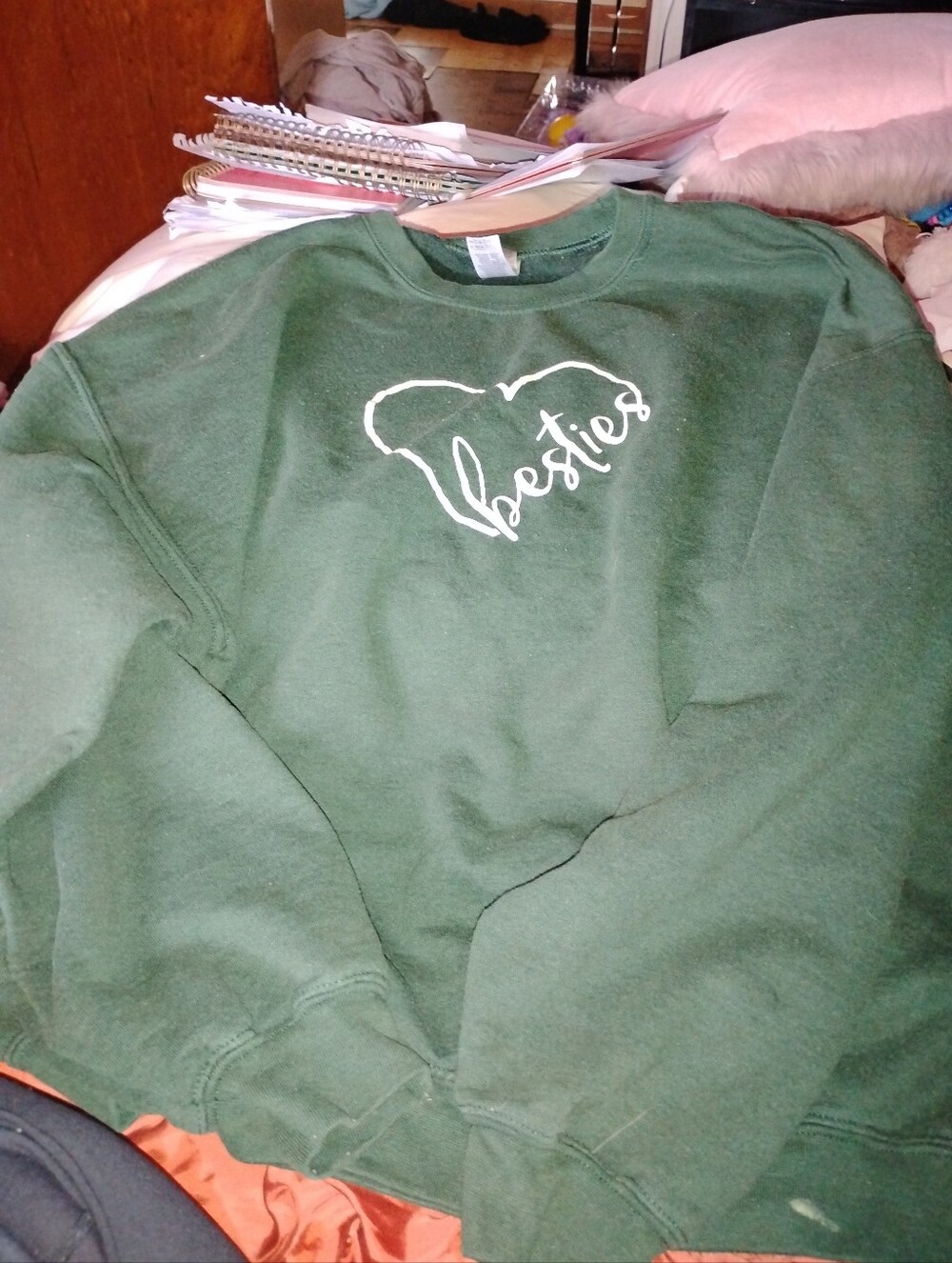 Dark Green Crewneck Sweatshirt with White 'besties' Heart Graphic